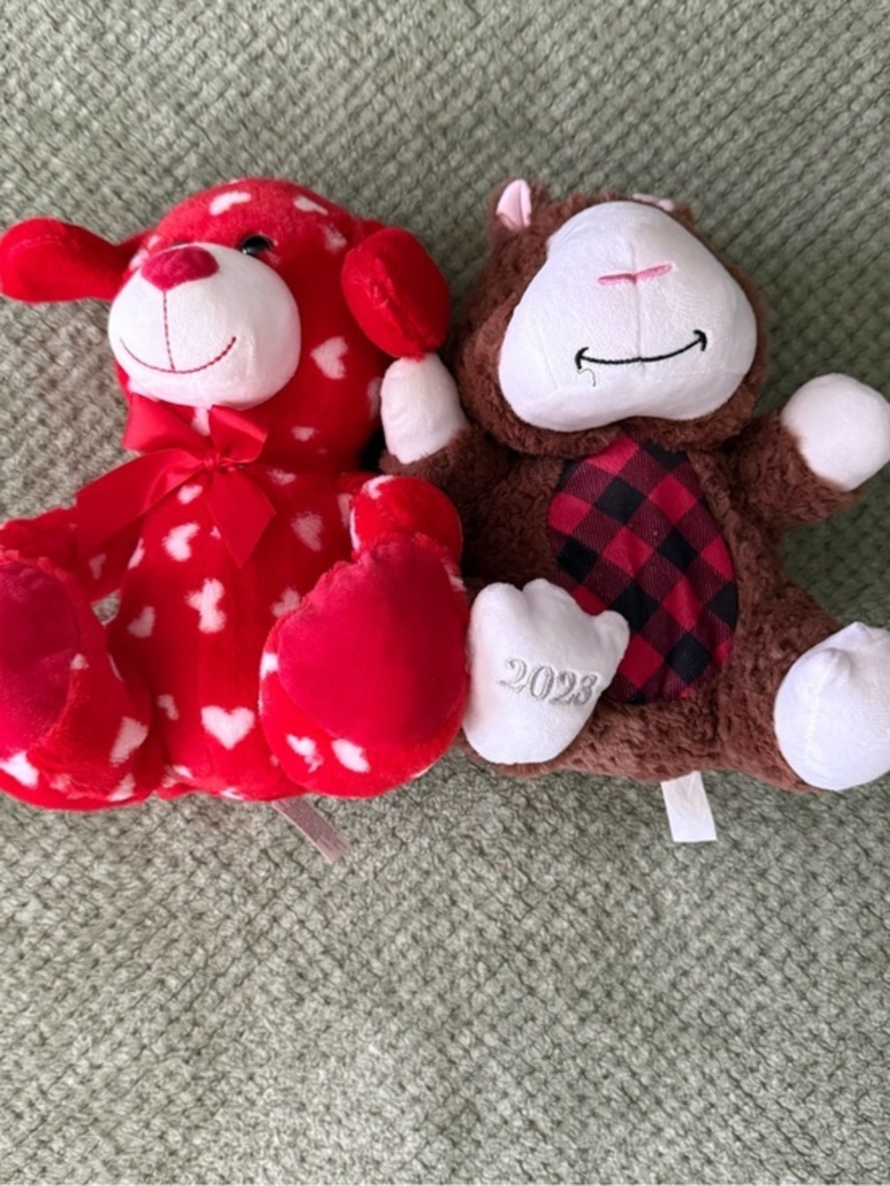 Red Heart Plush Bear & Brown Plaid Monkey Plush Pair